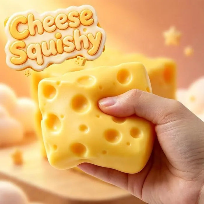 Hand holding a cheese-shaped squishy toy with 'Cheese Squishy' text above.