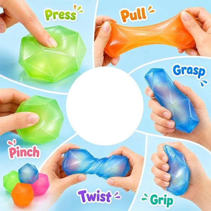 Collage of hands interacting with colorful stress balls labeled with actions like press, pull, grasp, pinch, twist, and grip.