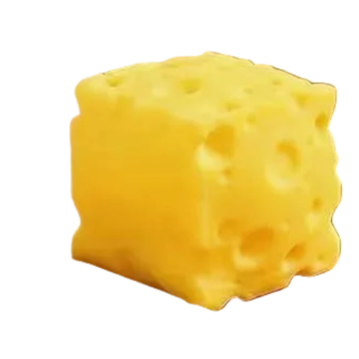 Cheese-shaped squishy toy being held with a wooden board and 'Cheese Squishy' text above.