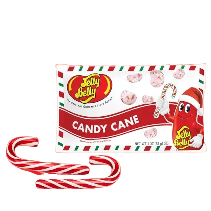 Jelly Belly Candy Cane packaging on a red background