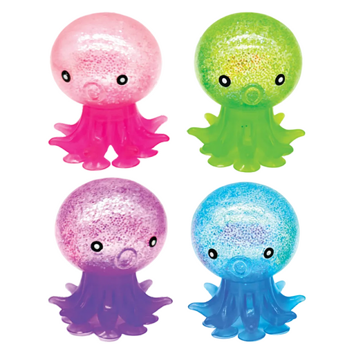 Four colorful octopus-shaped bath bombs on a white background