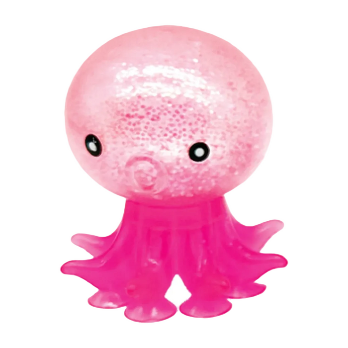 Pink octopus figurine with a sparkly pink head on a white background