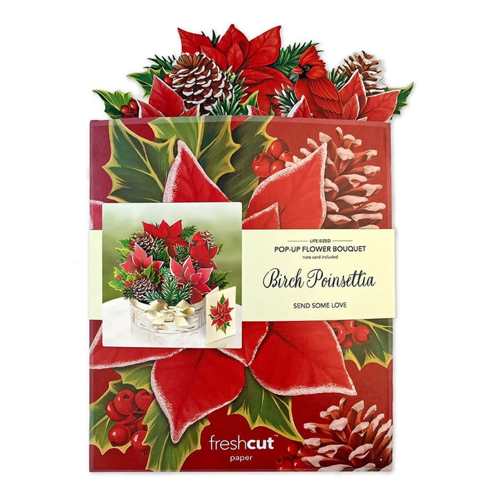 Christmas-themed pop-up flower bouquet packaging with red poinsettias and greenery.