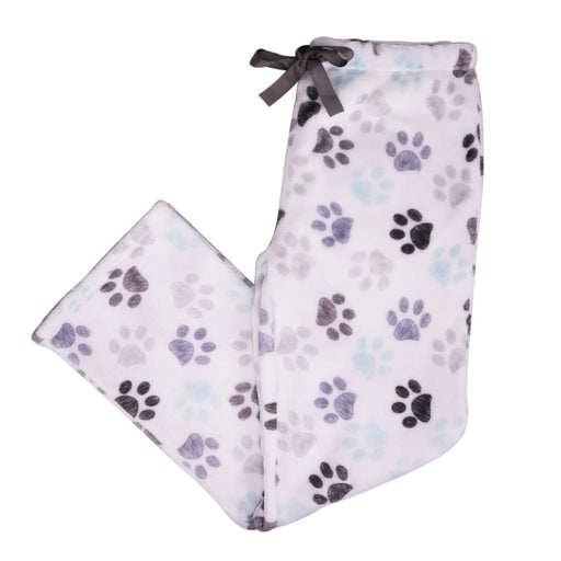 Fashion by Mirabeau fleece PJ bottoms with multicolored paw prints on a pale background and a dark ribbon waist tie.