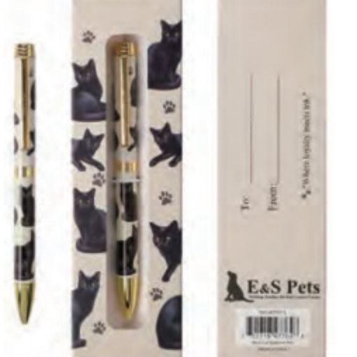 Black Cat ballpoint pen by E&S Imports held in hand, smooth writing pet-themed stationery