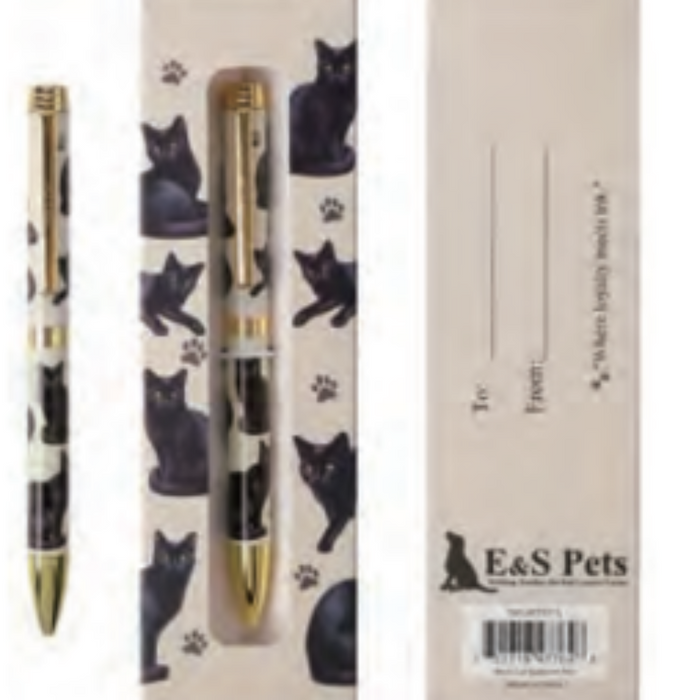 Black Cat ballpoint pen by E&S Imports held in hand, smooth writing pet-themed stationery
