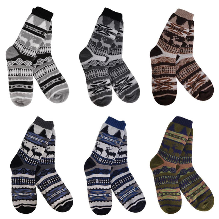 Set of six patterned socks with reindeer design on a white background, include on at random 