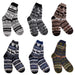 Set of six patterned socks with reindeer design on a white background, include on at random 