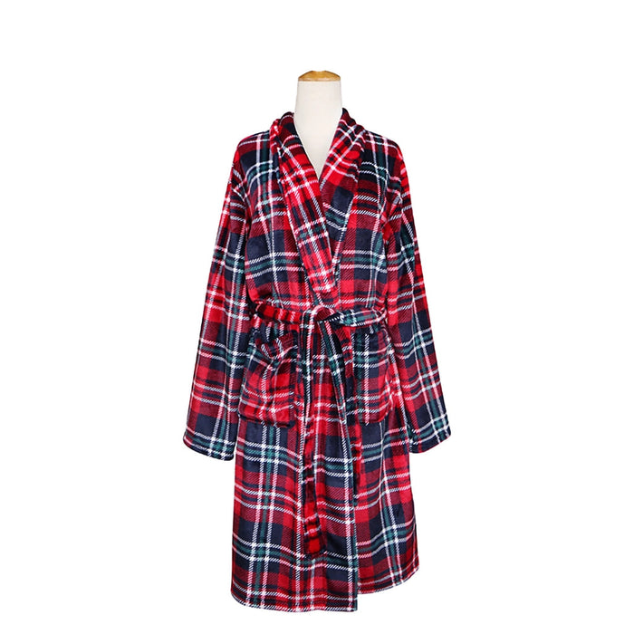 Red and blue plaid robe on a mannequin against a white background