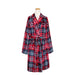 Red and blue plaid robe on a mannequin against a white background