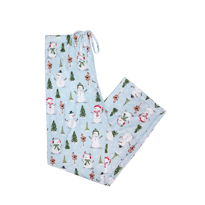 Light blue lounge pants with Christmas-themed design on a white background