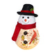 Decorative snowman light with a red scarf, black top hat, and cardinal design on a white background.