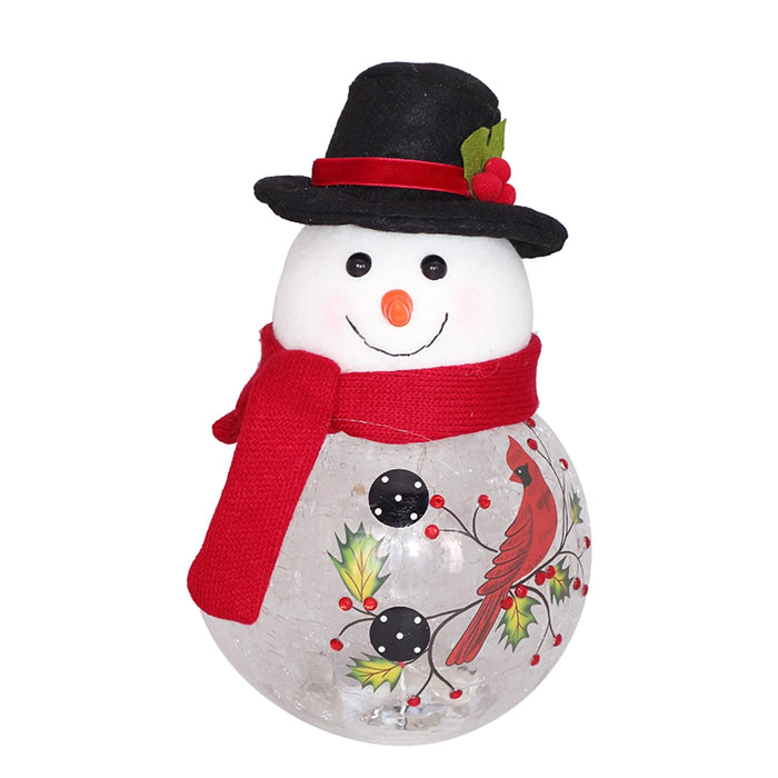 Decorative snowman ornament with a red scarf, black top hat, and cardinal design on a white background.