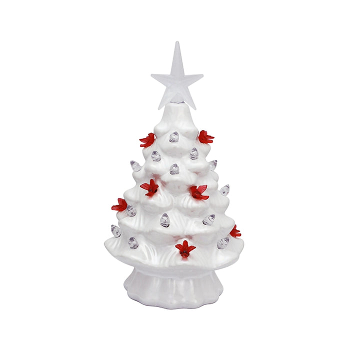 Mini white Christmas Tree with lights and cardinals 