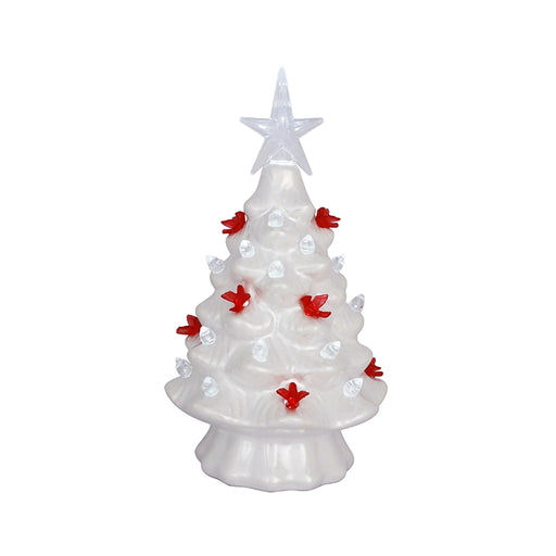 White ceramic Christmas tree with red decorations and a star on a white background