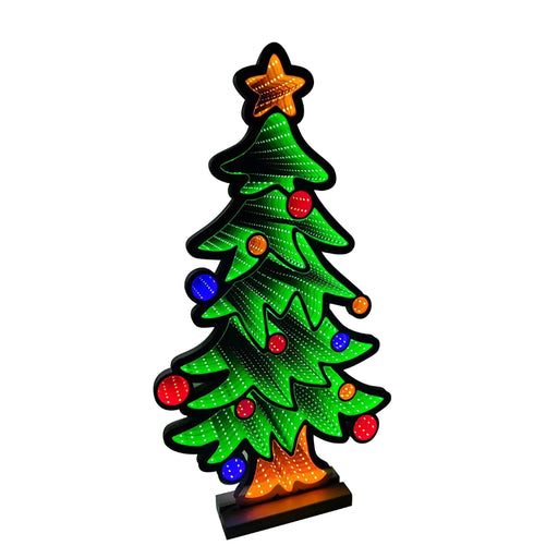 LED Christmas tree decoration with colorful lights on a white background
