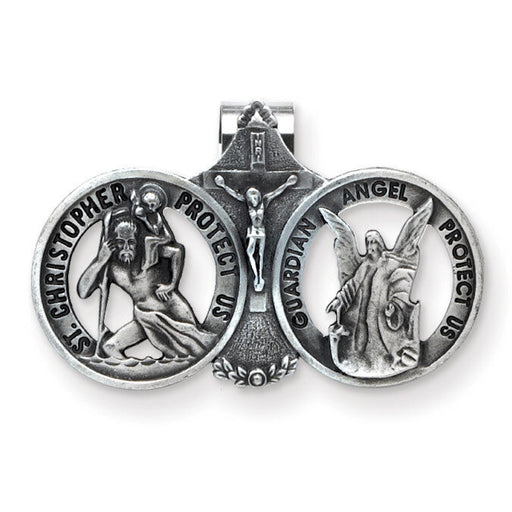 Silver religious medallion with St. Christopher, Jesus, and Guardian Angel figures on a white background