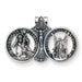 Silver religious medallion with St. Christopher, Jesus, and Guardian Angel figures on a white background