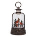 Decorative lantern with a winter scene featuring cardinals and a birdhouse.
