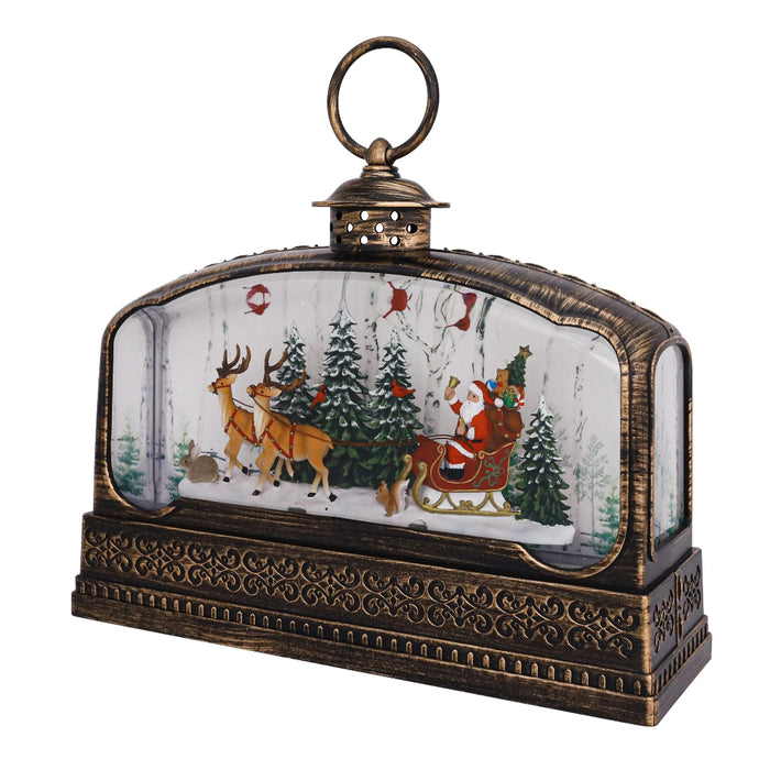 Decorative snow globe with Santa Claus and reindeer scene on a white background