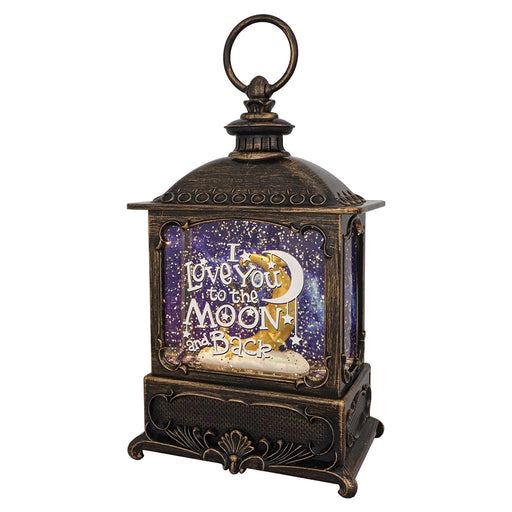 Decorative lantern with 'I Love You to the Moon and Back' text on a white background