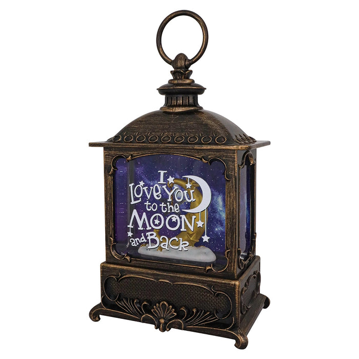Decorative lantern with 'I Love You to the Moon and Back' text on a white background
