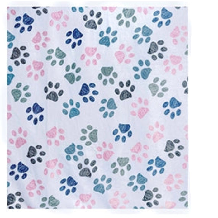 Four fabric swatch with pawprint patterns on a white background