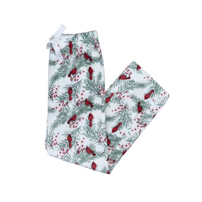 Sink into comfort with these luxuriously soft velvety fleece PJ bottoms, featuring a festive Cardinal &amp; Holly Harmony design. 