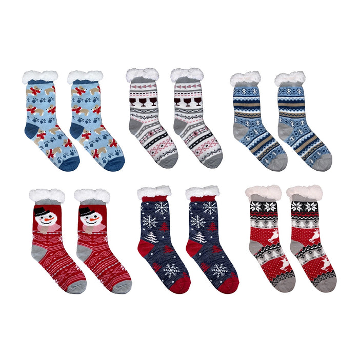Set of Christmas-themed socks with various patterns on a white background included one at random 
