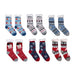 Set of Christmas-themed socks with various patterns on a white background included one at random 