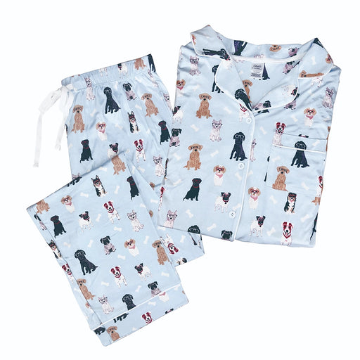 Cozy up in comfort with the Opportunities Stanley Smarty Paws Button Down Loungewear Set. Cute dog breeds with eye glasses on 