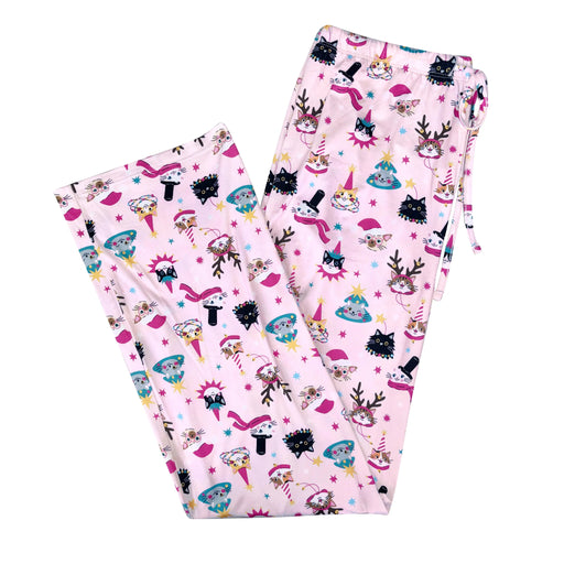 Pink lounge pants  with cartoon  cat character pattern on a white background