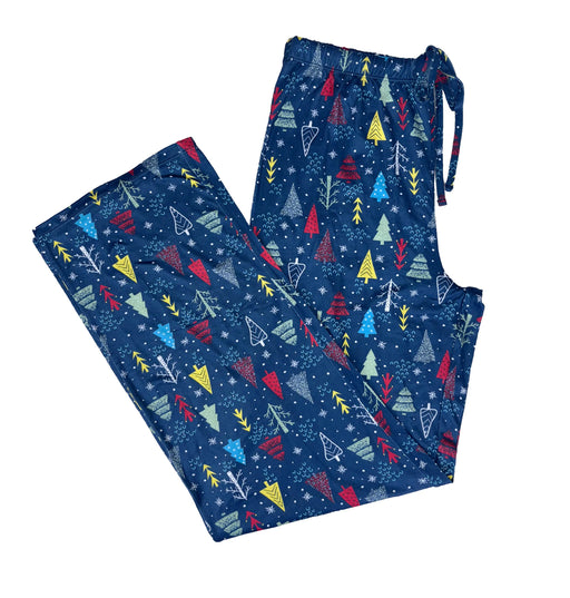 Blue pajama pants with colorful geometric tree pattern on a white background