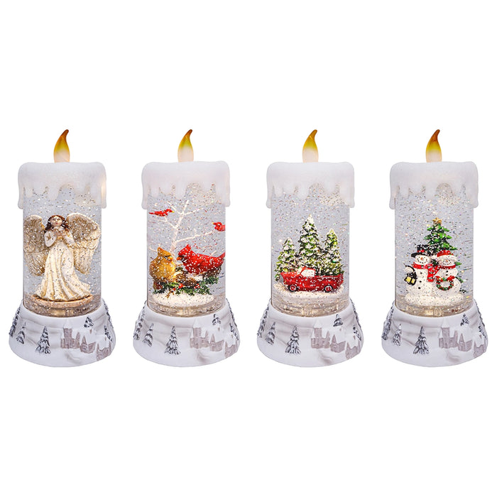 Four decorative candles with LED flames and Christmas scenes inside on a white background, assorted one chosen at random 