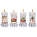 Four decorative candles with LED flames and Christmas scenes inside on a white background, assorted one chosen at random 