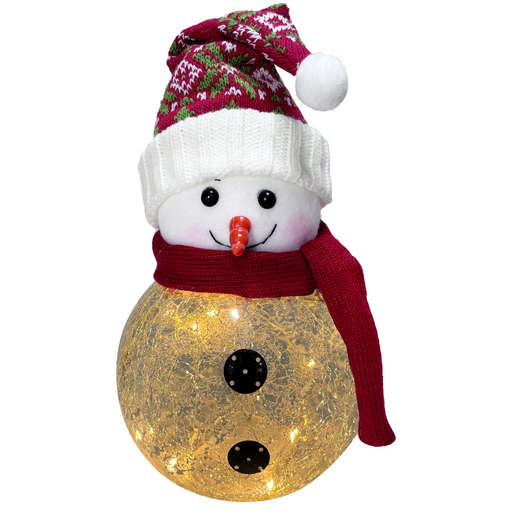 Decorative snowman with a red scarf, white hat, and gold base on a white background