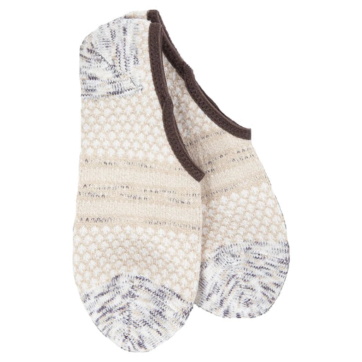 A pair of low-cut knit socks in cream and gray with a dark brown trim, shown on a plain white background.