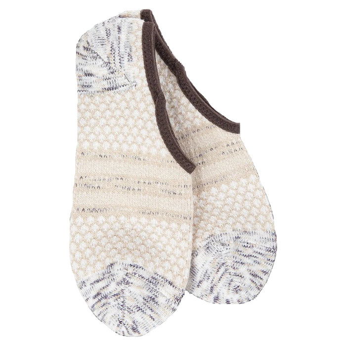 A pair of low-cut knit socks in cream and gray with a dark brown trim, shown on a plain white background.