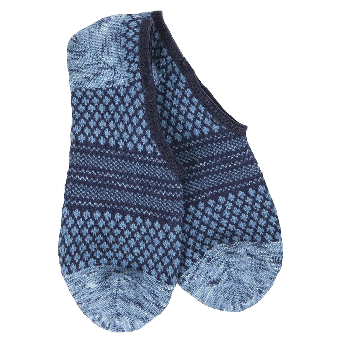 A pair of low-cut ankle socks with a blue and white Nordic fair isle pattern, shown on a plain white background.