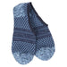 A pair of low-cut ankle socks with a blue and white Nordic fair isle pattern, shown on a plain white background.