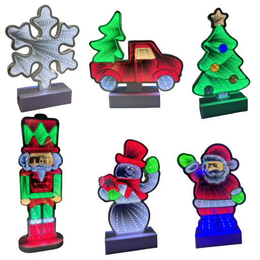 Set of colorful Christmas-themed LED  infinity mirror lights on a white background