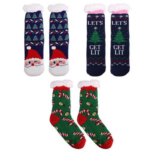 Set of Christmas-themed socks with Santa Claus and candy cane designs on a white background. Includes one at random 