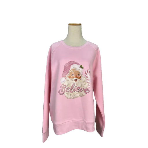 Pink Classic Santa "Believe" Sweatshirt  on a white background 