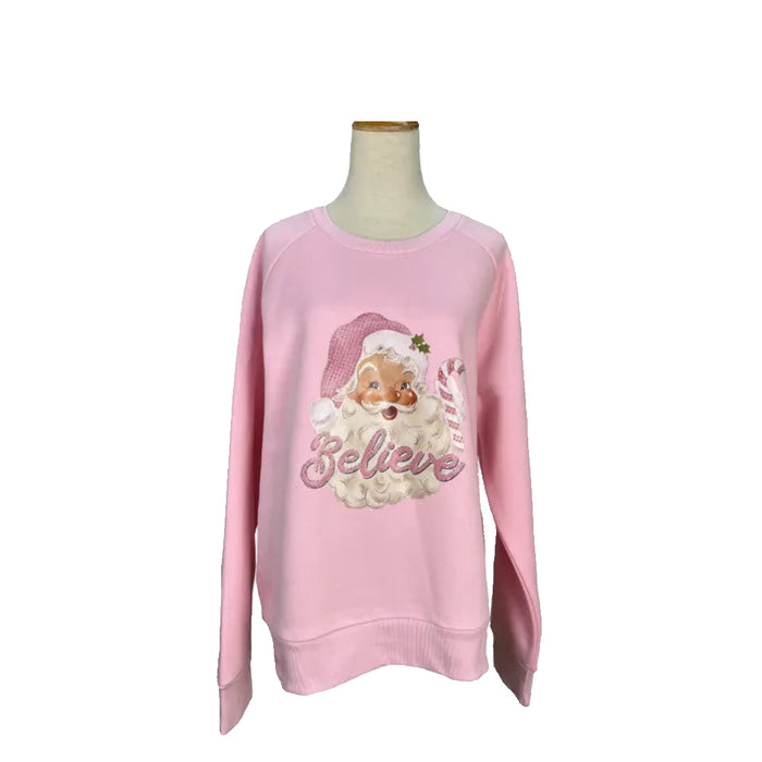 Pink Classic Santa "Believe" Sweatshirt  on a white background 