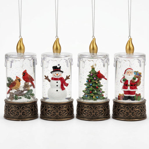 Opportunities mini LED candle glitter lantern ornaments with cardinal, snowman, Christmas tree, and Santa designs, sold separately.