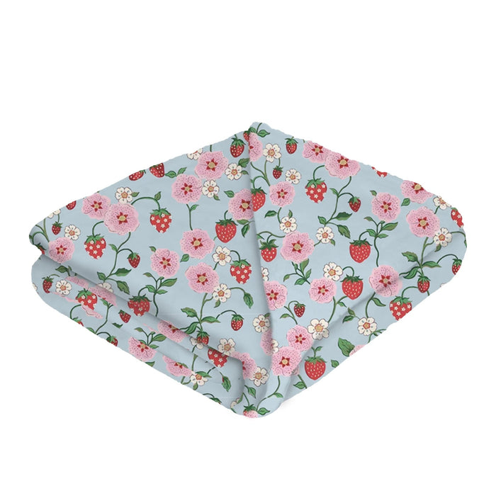 Opportunities Strawberries in the Meadow single-layer blanket featuring a colorful strawberry and meadow-inspired pattern on soft, lightweight fabric.