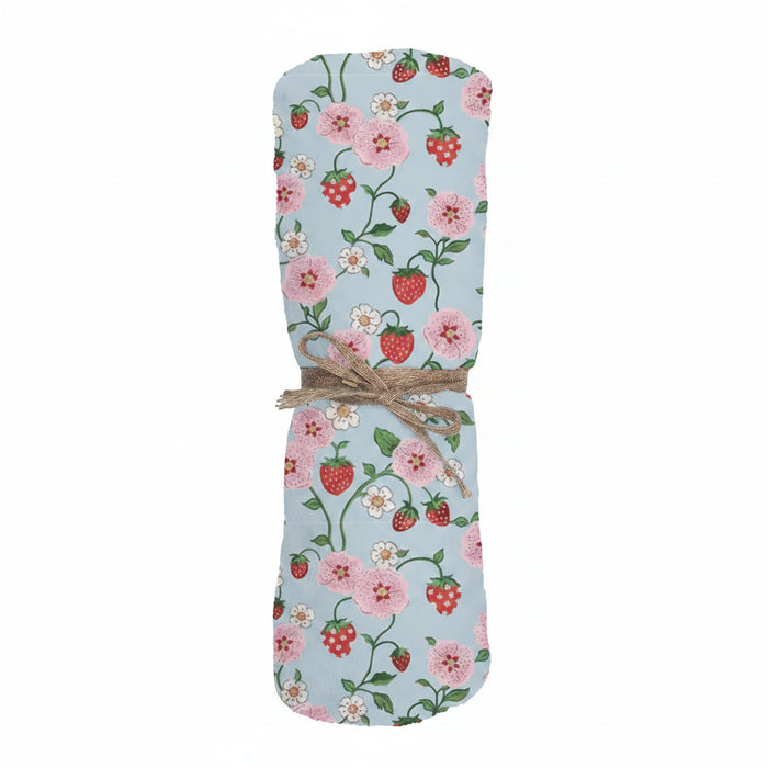 Opportunities Strawberries in the Meadow single-layer blanket featuring a colorful strawberry and meadow-inspired pattern on soft, lightweight fabric.