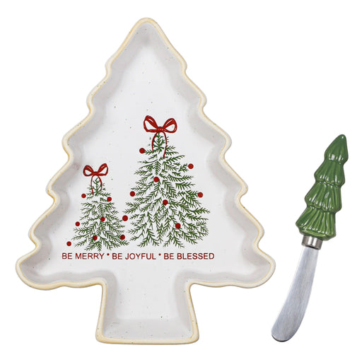 9.25-inch Christmas tree plate with a decorative red bow and Be Merry Joyful Blessed message, including a coordinating spreader for festive holiday serving and entertaining.