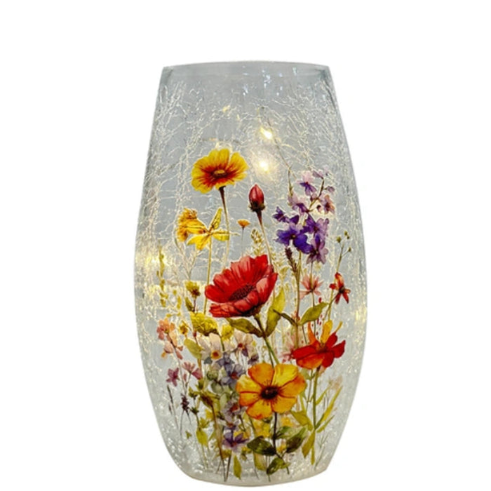 Opportunities Floral Garden LED vase measuring 4.5 by 7 inches, featuring colorful floral artwork with built-in LED lighting for elegant tabletop home décor