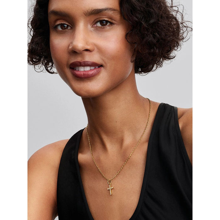 The Pandora Cross Dangle Charm in Gold brings a timeless symbol of faith to your bracelet stack.
